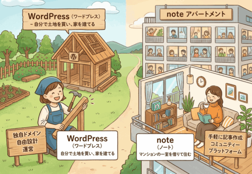 WordPressは自分で土地を買って家を建てるイメージ、noteはマンションの一室を借りるイメージを表したイラスト